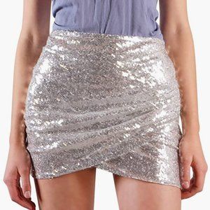 Ruched Tulip Hem Sequin Mini Skirt Silver Size Medium